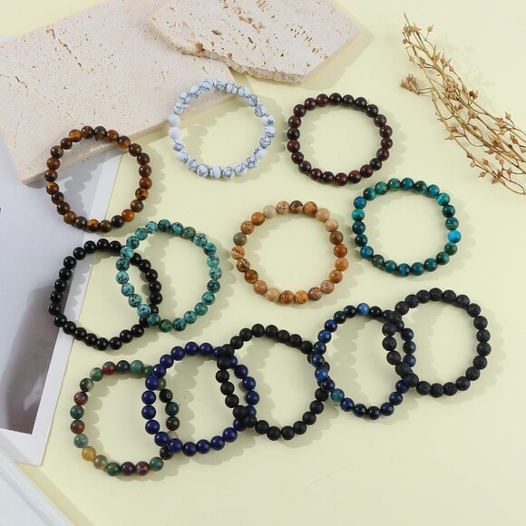 12Pcs Gemstone Beaded Stretch Bracelets Set Unisex Crystal Stone Jewelry - Picture 5 of 7